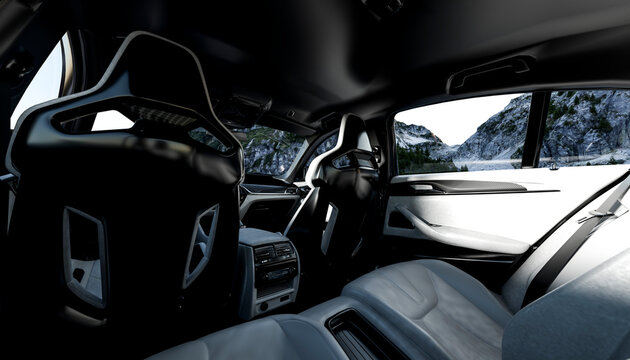 Luxurious car interior with sleek leather seats and stunning mountain view in the background.