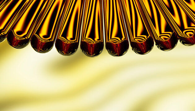 Shiny gold metallic pipes create an abstract pattern against a blurred yellow background.