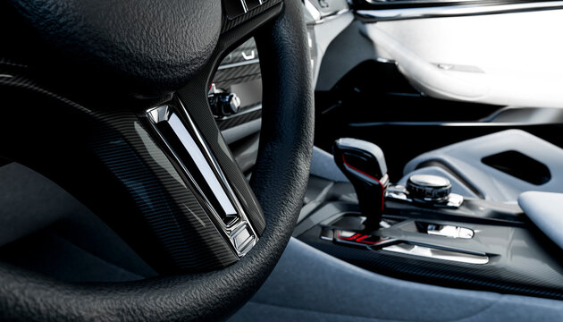 Close-up of a sleek car interior showcasing a modern steering wheel and gear shifter.