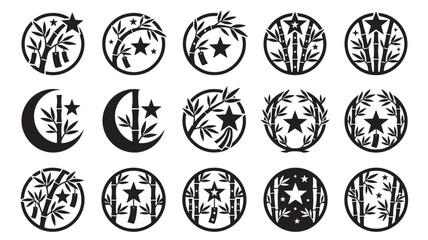 Star and Bamboo Leaf Circular Stamp Designs, Black Silhouette Icon Set for Tanabata Festival Crafts and Decoration © MissBeauty