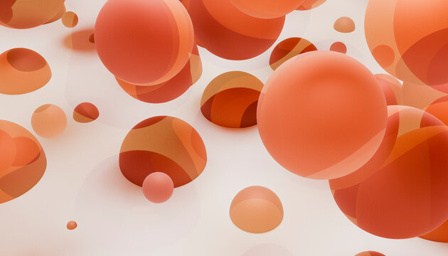 Abstract composition of overlapping orange and red translucent spheres floating on a light background.