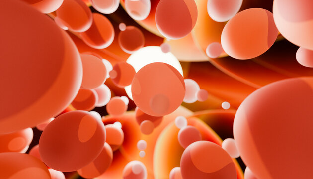 Abstract 3D illustration of red and orange spheres with bright highlights and shadows.