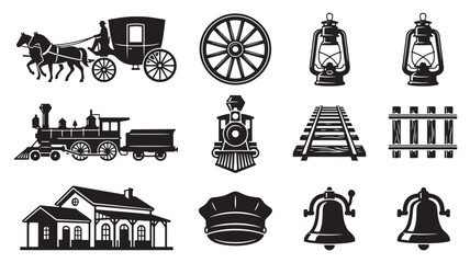 Independence Day Transport and Historical Elements Set with Wagon Cart, Wheel, Train Engine, and Bell Icons © MissBeauty