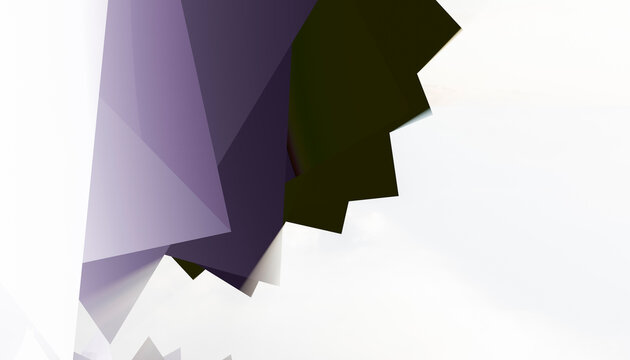 Abstract geometric shapes overlapping in shades of purple, white, and dark green.