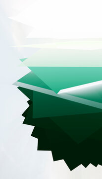 Abstract design with layered geometric shapes in shades of green and white.