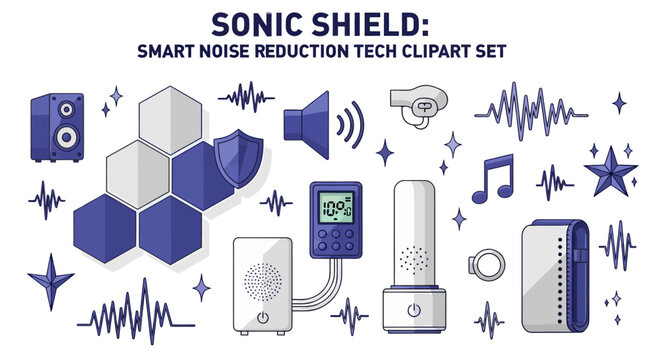 A collection of blue and white digital icons featuring speakers sound waves audio devices and geometric patterns