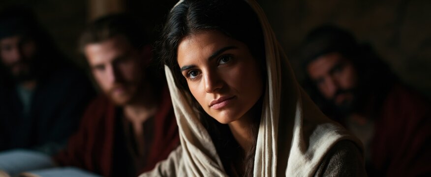 A devoted woman and early followers study sacred texts in a rustic ancient room, symbolizing spiritual connection.