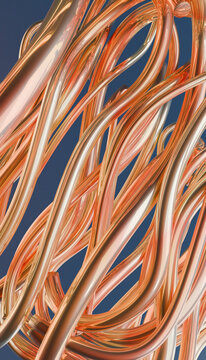 Intricate arrangement of intertwined golden metallic tubes against a dark background.