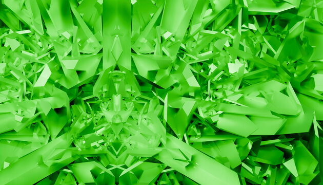Abstract green geometric pattern with sharp crystal-like shapes forming a symmetrical design.