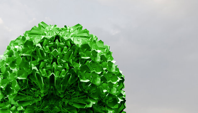 Bright green abstract geometric tree against a cloudy gray sky.