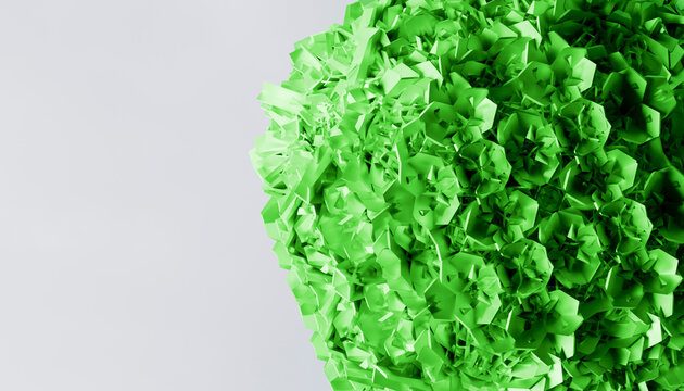 Bright green cluster of intricate origami flowers against a plain light grey background.
