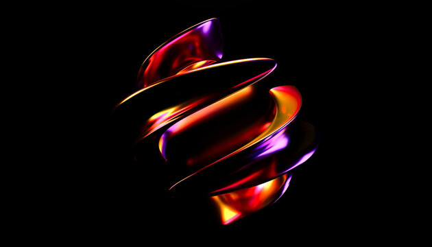 Abstract swirling metallic shapes with vibrant colors on a black background.
