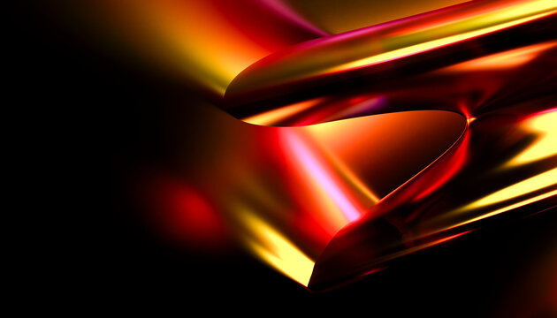 Abstract composition with flowing metallic shapes in vivid red and yellow tones against a dark background.