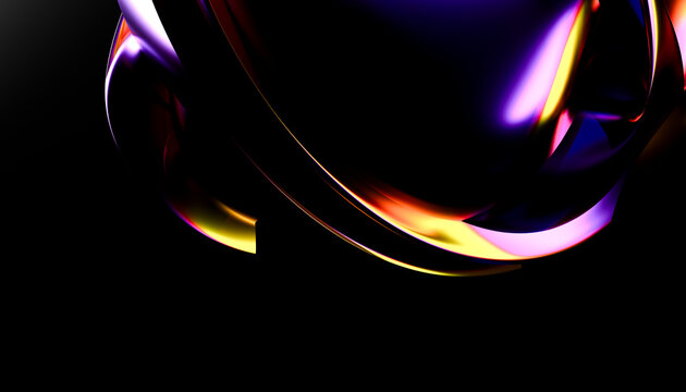 Abstract multicolored 3D shape on black background with vivid reflections.