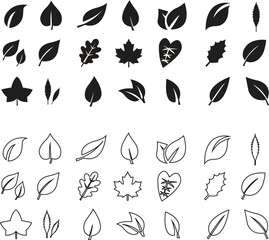 Fototapeta premium Leaf Icons Set, Group, Collection Nature, Botanical and Eco Symbol Vector Set Black and Green Fill and line Leaf Icons for Organic Design