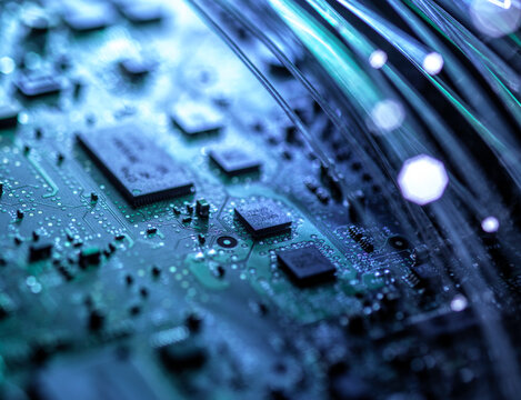 Close-up of a circuit board with microchips and glowing fiber optic cables.