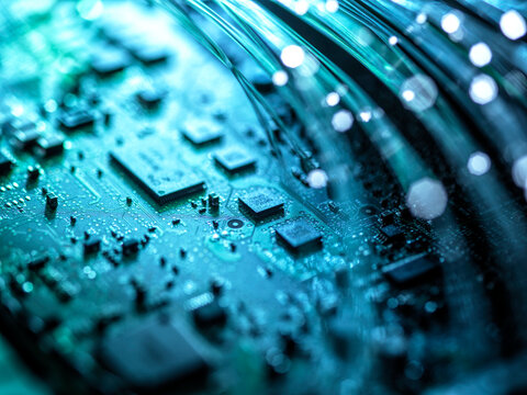 Close-up of a circuit board with glowing fiber optic cables in blue light.