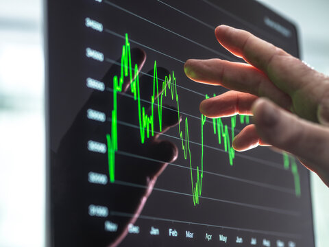 Hand touching digital graph on a screen showing fluctuating financial data.