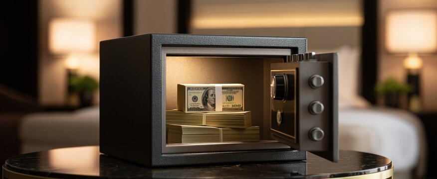 Open steel safe with cash inside in elegant hotel room highlighting secure storage and guest safety.