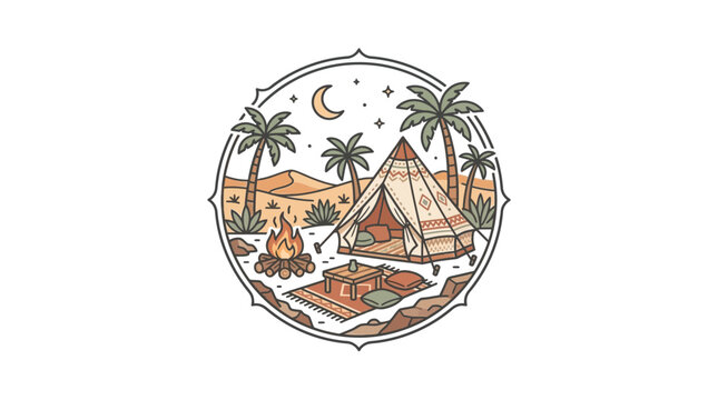 Desert glamping scene with teepee moon and palm trees.