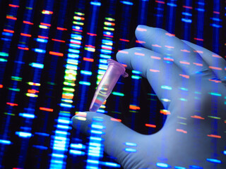 Gloved hand holding a test tube against a DNA sequencing background with blue and red bars.