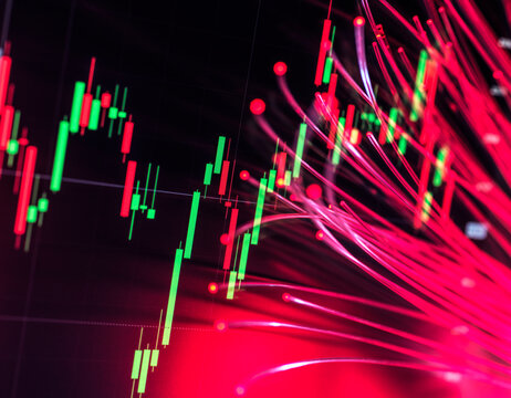 Neon green and red stock market chart with vibrant red fiber optic light strands