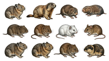Fototapeta premium Realistic highland rodent illustrations featuring mountain-adapted mammals isolated on white background.