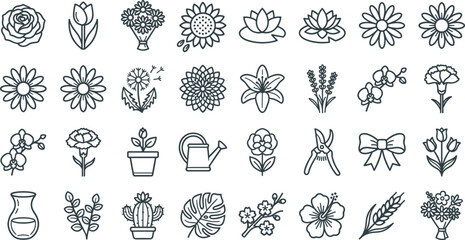 Obraz premium Floral and Botanical Icon Collection with Garden Flowers, Decorative Blossoms, Houseplants, Plant Care Accessories and Nature Outline Vector Set