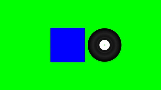A blue square and a black circle on a green screen display output