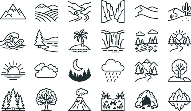 Nature Landscape and Outdoor Scenery Icon Collection with Mountains, Rivers, Forests, Weather Elements and Environmental Adventure Outline Vector Set