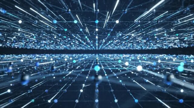 Abstract Digital Network With Glowing Connected Nodes And Lines Representing Data Flow And Information Technology Connections