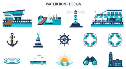 A collection of flat design icons and illustrations representing waterfront design elements, including modern buildings, boats, lighthouses, anchors, buoys, lifebuoys, and sea waves. © Faisal