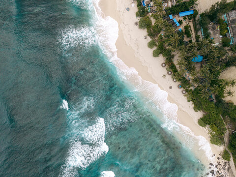 Aerial view of a tropical beach with waves meeting the sandy shore lined with lush palm trees. Ly Son island, Vietnam