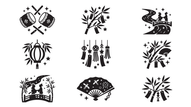 Lantern Chinese New Year Icon Set with Black Silhouette Floral Elements and Sparkling Stars for Festive Greeting Design