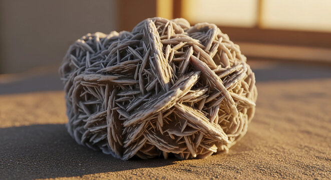Desert rose crystal cluster resting on sand at sunset