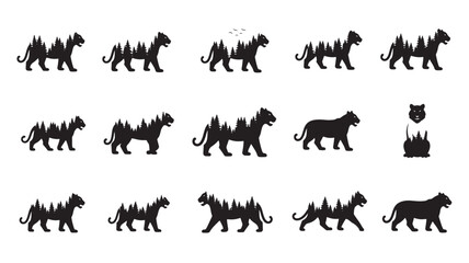 Tiger Silhouette with Forest Pine Trees Design, Set of Black Animal Logos and Paw Prints for Wildlife Branding © Farjana