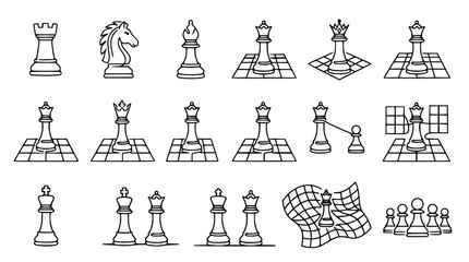 Chess Pieces Collection, Strategy Game Icons, Vector Line Art on White Background © Gereh