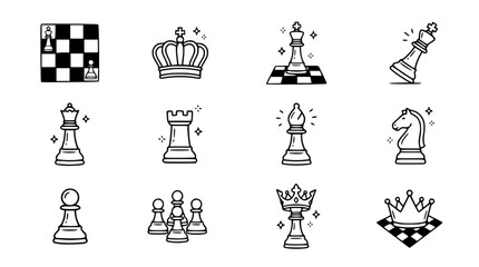 Hand-drawn Chess Pieces and Board Icons Set - Strategy Game Elements © Gereh
