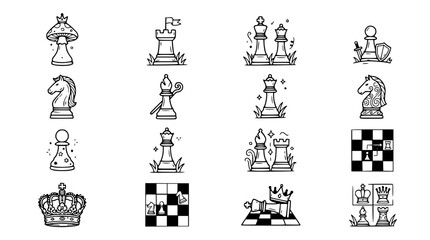 Doodle Chess Pieces Set - King, Queen, Rook, Bishop, Knight, Pawn Icons © Gereh