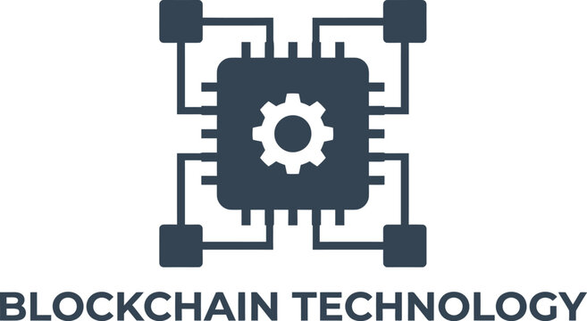 Digital microchip icon featuring a central gear symbol representing modern blockchain technology and computer engineering systems