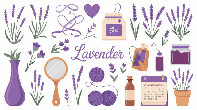 Lavender-themed flat illustration with flowers, products, and decorative items Vector