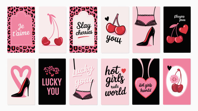 Collection of playful pink and black cherry-themed flat design illustrations with catchy slogans Vector