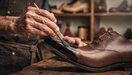 Obraz premium Medium shot of a craftsman carefully applying black edge paint to shoe soles highlighting precision and sleek finish in artisanal footwear production.