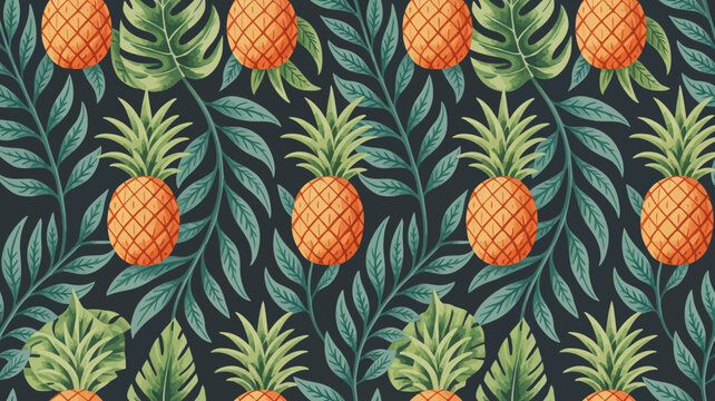 Colorful pineapple pattern with green leaves on a seamless background Vector