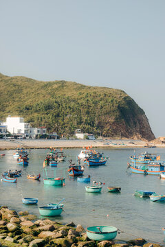Colorful fishing boats float in a serene bay with a green hillside in the background.