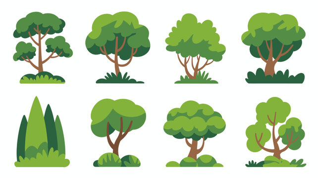 Collection of eight different types of green cartoon trees with transparent background Vector