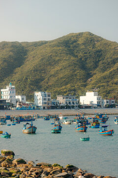 Colorful fishing boats float in a calm bay with hills and buildings in the background.
