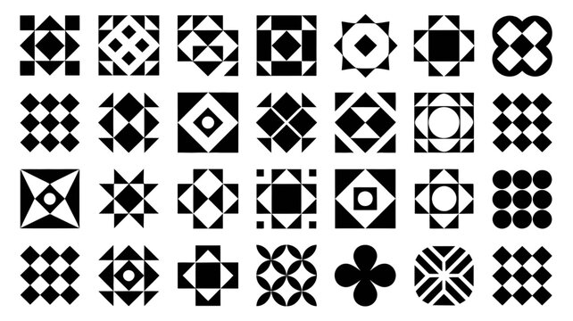 Collection of geometric quilt patterns with black and white color scheme in a grid layout Vector