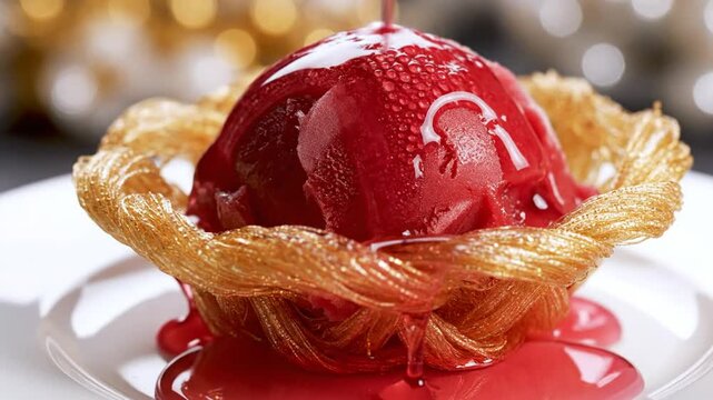 Close-up of vibrant red fruit sorbet scoop inside a golden woven pastry nest, drizzled with glossy red syrup on a white plate set against a warm, blurred bokeh background.