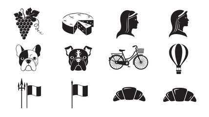 Silhouette Icon Set with Grapes, Cheese, Garlic, Animals, Bicycle and Hot Air Balloon on White Background © RASHIDAPARVIN